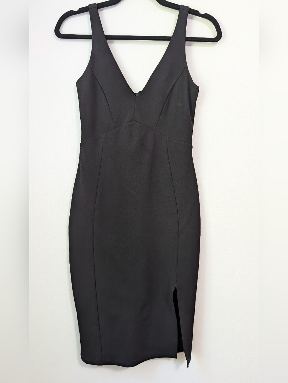 Lulus Women Black V-Neck Bodycon Midi Dress Sleeveless Front Slit Size Small